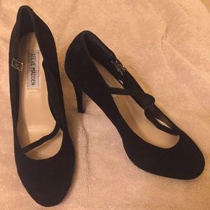 Black suede Mary Jane heels with straps